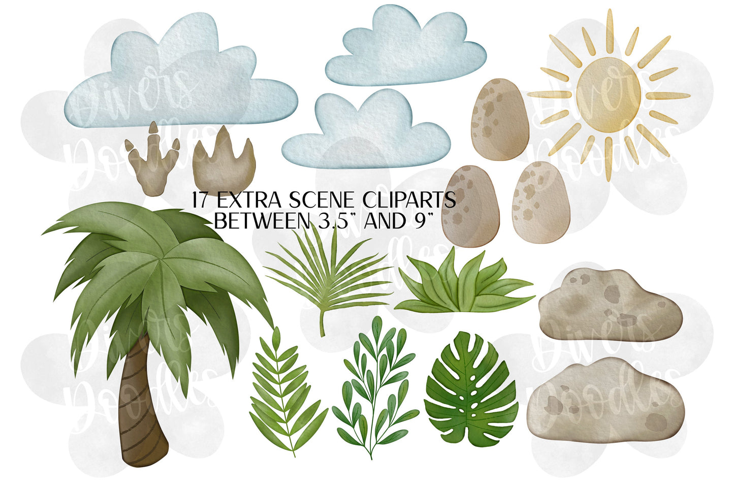 Dinosaur Scene Clipart, Watercolor Dinosaur Clipart, High Resolution PNG, Triceratops Drawing, Dino Illustration, Dinosaur PNG, T-Rex
